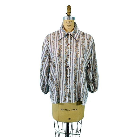 Vintage 1970s Floral Blouse Boho Land 'N Sea Striped Top | B 52" - Picture 1 of 9